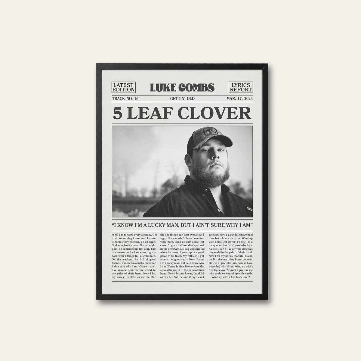 Luke Combs 5 Leaf Clover newspaper poster — black frame