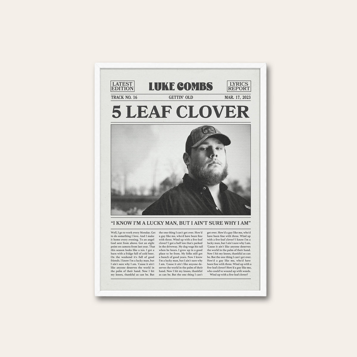 Luke Combs 5 Leaf Clover newspaper poster — white frame