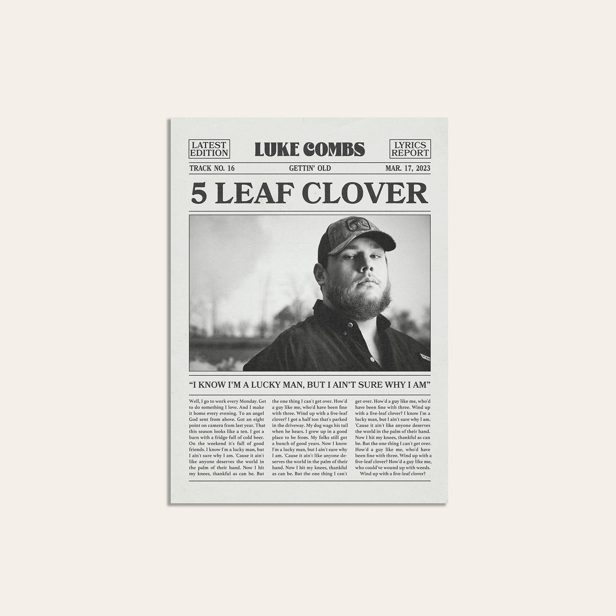 Luke Combs 5 Leaf Clover newspaper poster — unframed print