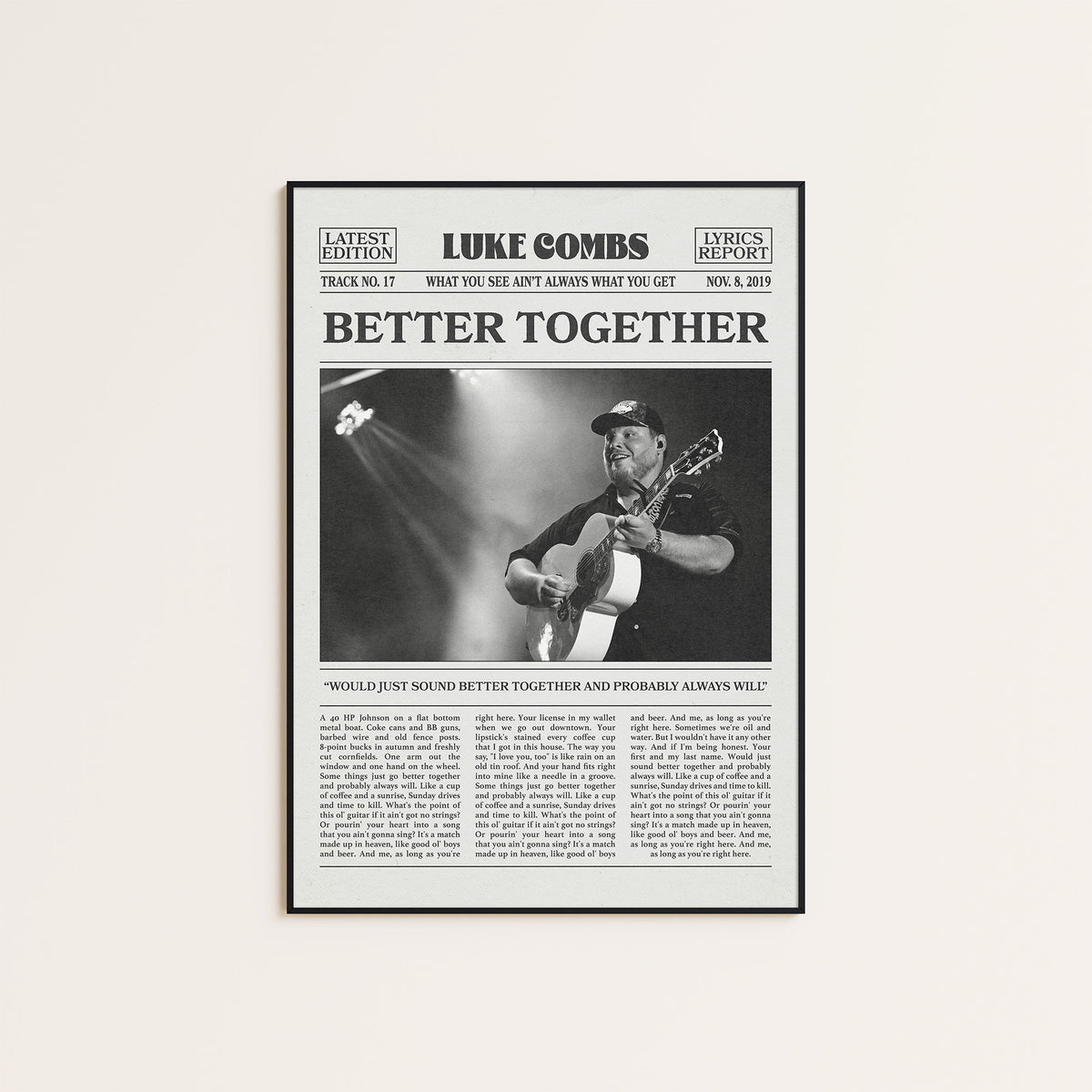 Luke Combs Better Together newspaper poster — black frame display