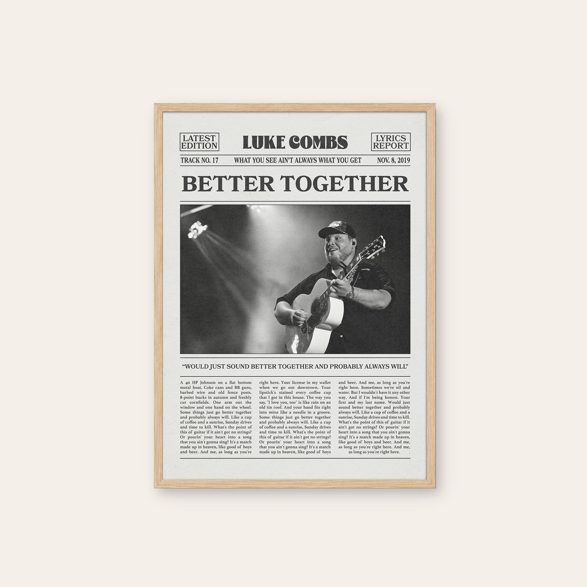 Luke Combs Better Together newspaper poster — natural wood frame