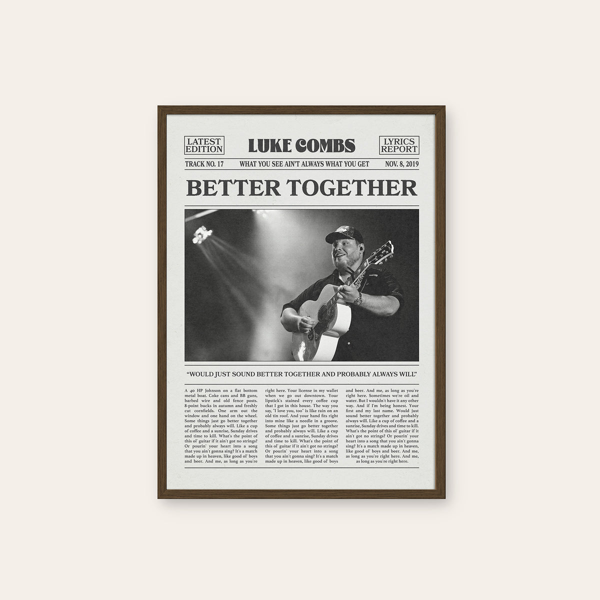 Luke Combs Better Together newspaper poster — dark wood frame