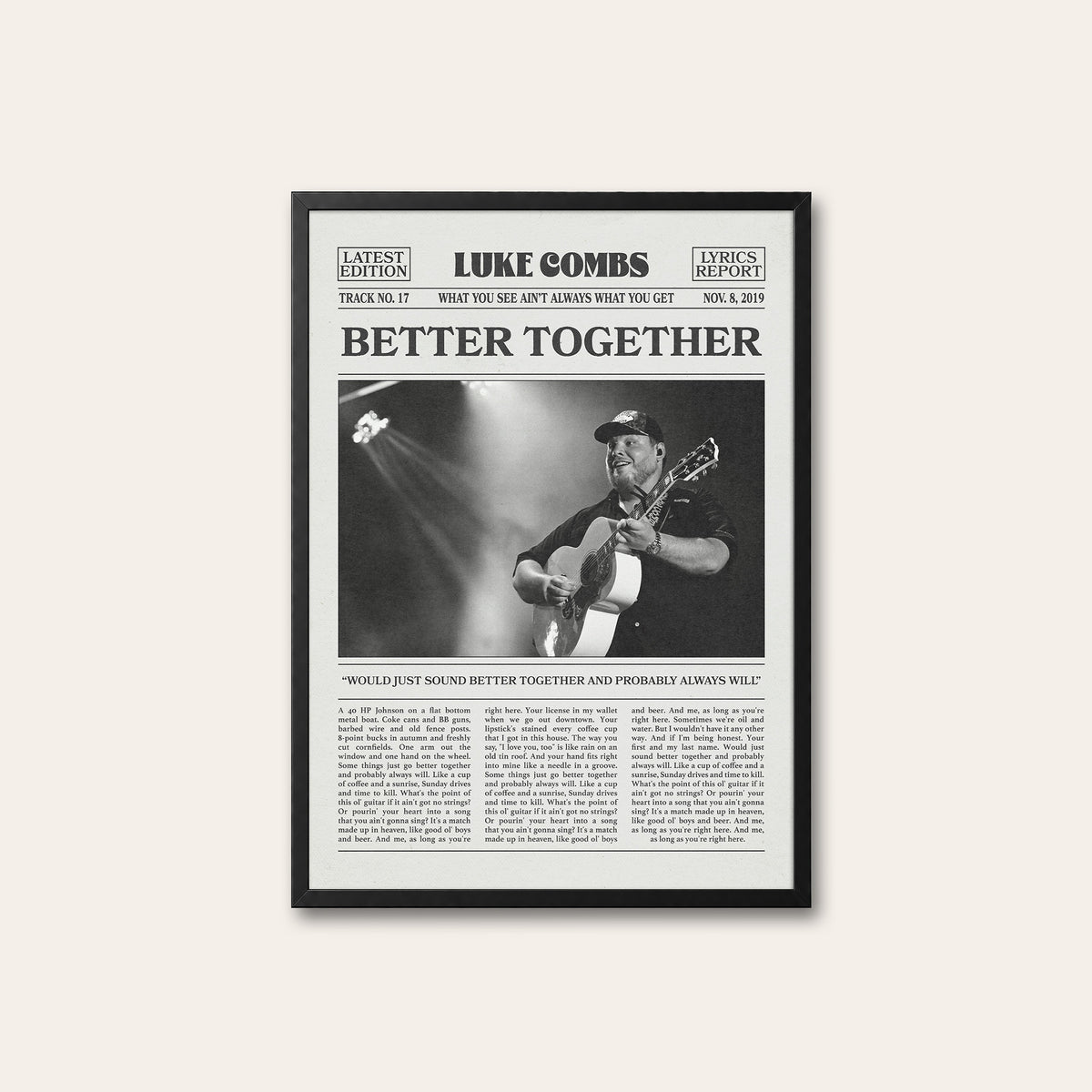 Luke Combs Better Together newspaper poster — black frame