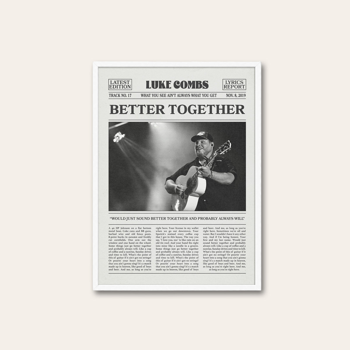 Luke Combs Better Together newspaper poster — white frame