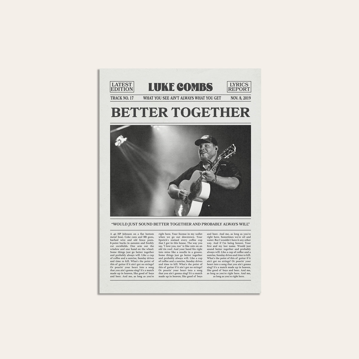 Luke Combs Better Together newspaper poster — unframed print