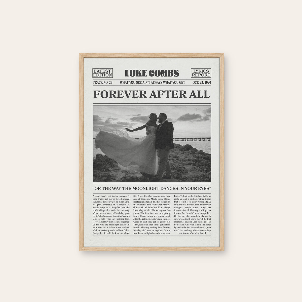 Luke Combs Forever After All newspaper poster, Wedding — natural wood frame