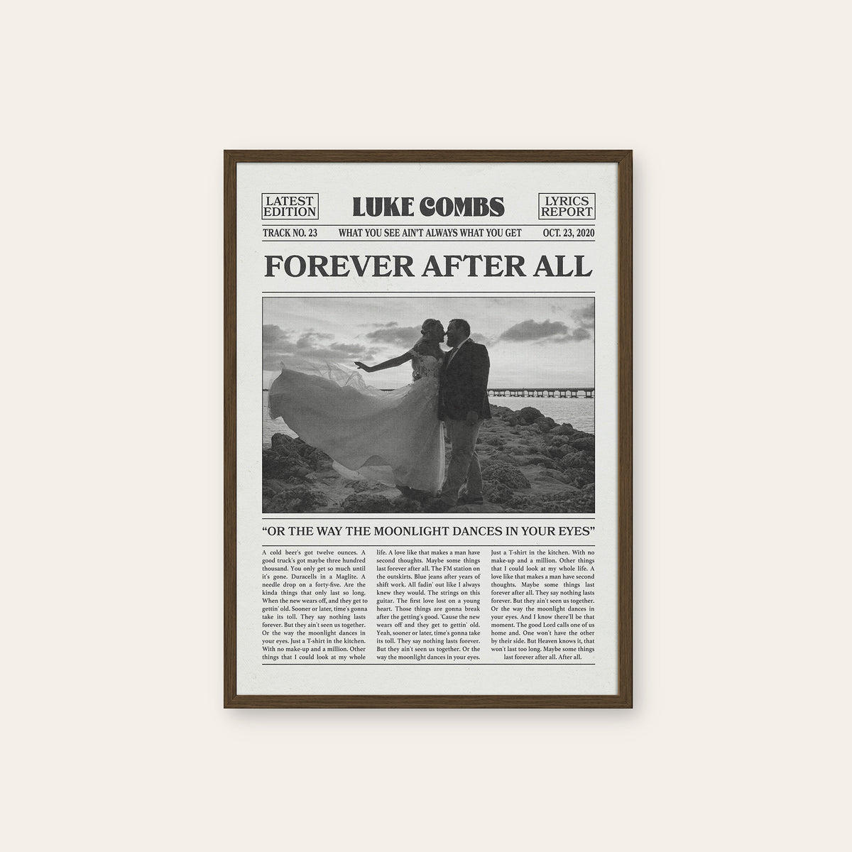 Luke Combs Forever After All newspaper poster, Wedding — dark wood frame