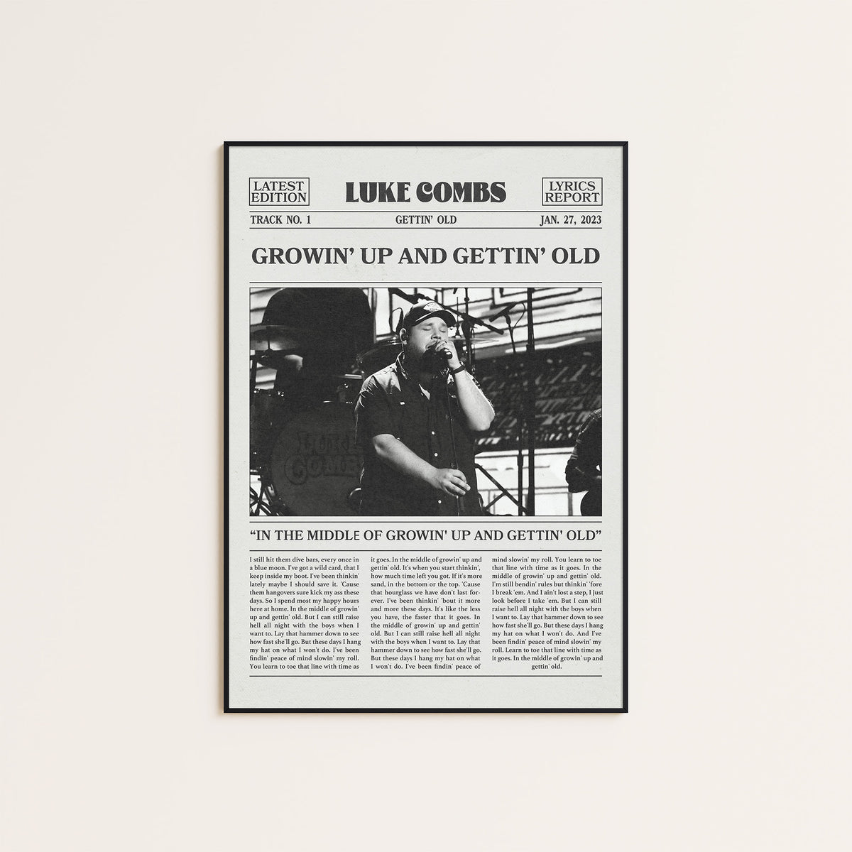Luke Combs Growin' Up and Gettin' Old newspaper poster — black frame display