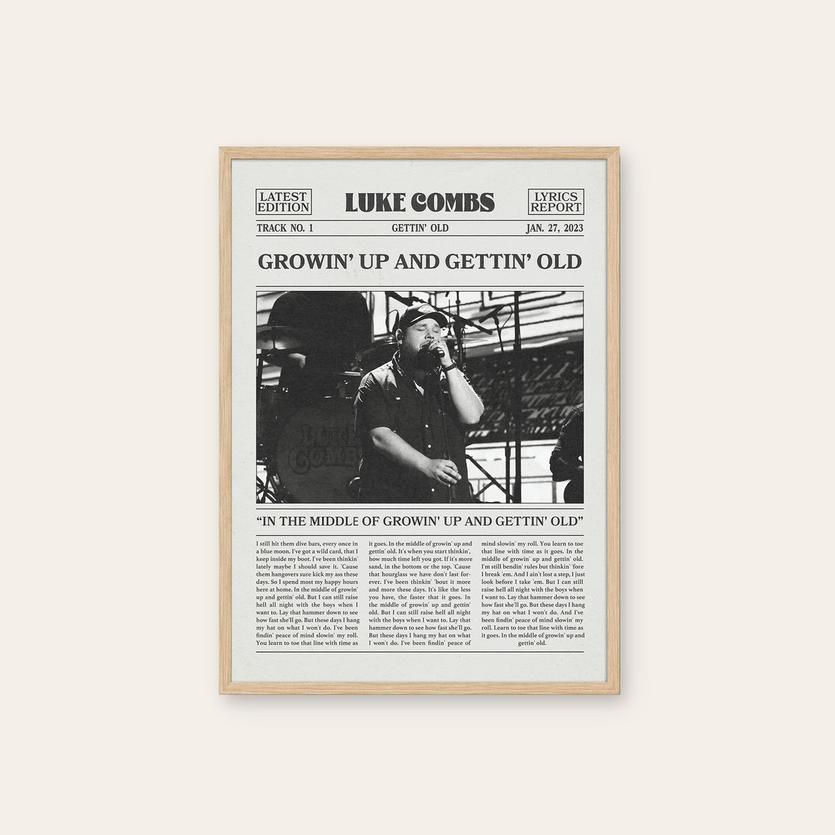 Luke Combs Growin' Up and Gettin' Old newspaper poster — natural wood frame