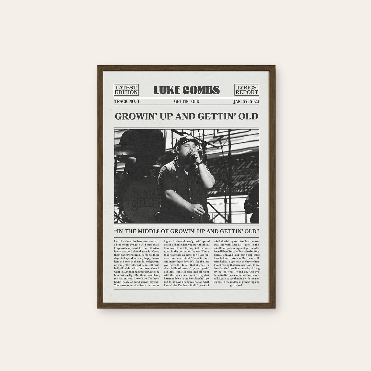 Luke Combs Growin' Up and Gettin' Old newspaper poster — dark wood frame