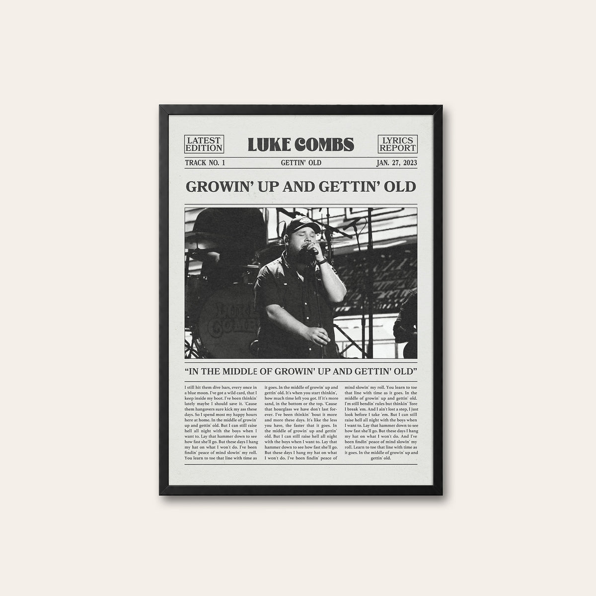 Luke Combs Growin' Up and Gettin' Old newspaper poster — black frame