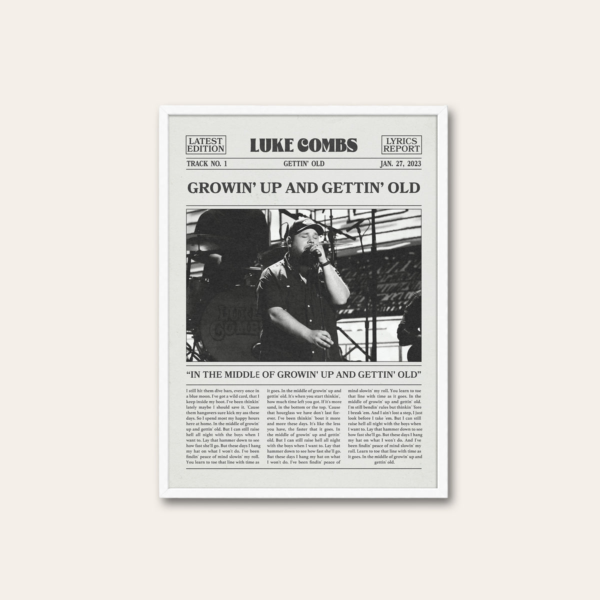 Luke Combs Growin' Up and Gettin' Old newspaper poster — white frame