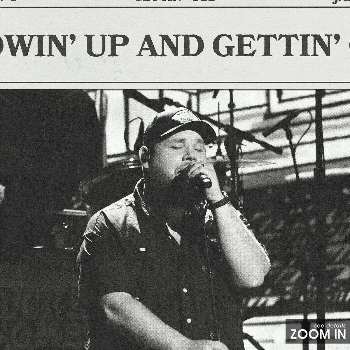 Luke Combs Growin' Up and Gettin' Old newspaper poster — close-up detail