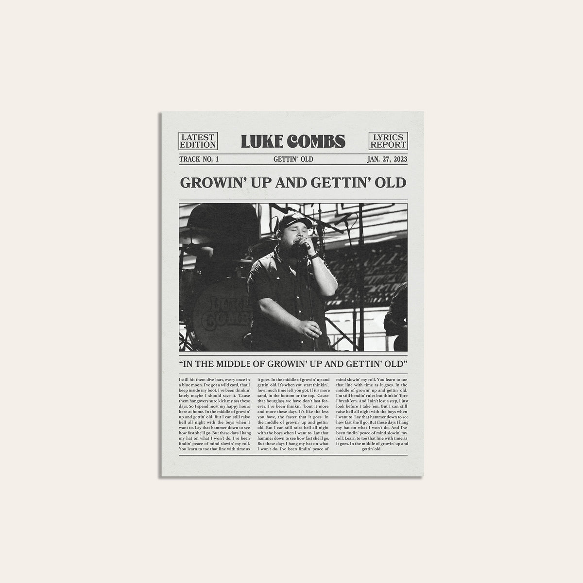 Luke Combs Growin' Up and Gettin' Old newspaper poster — unframed print