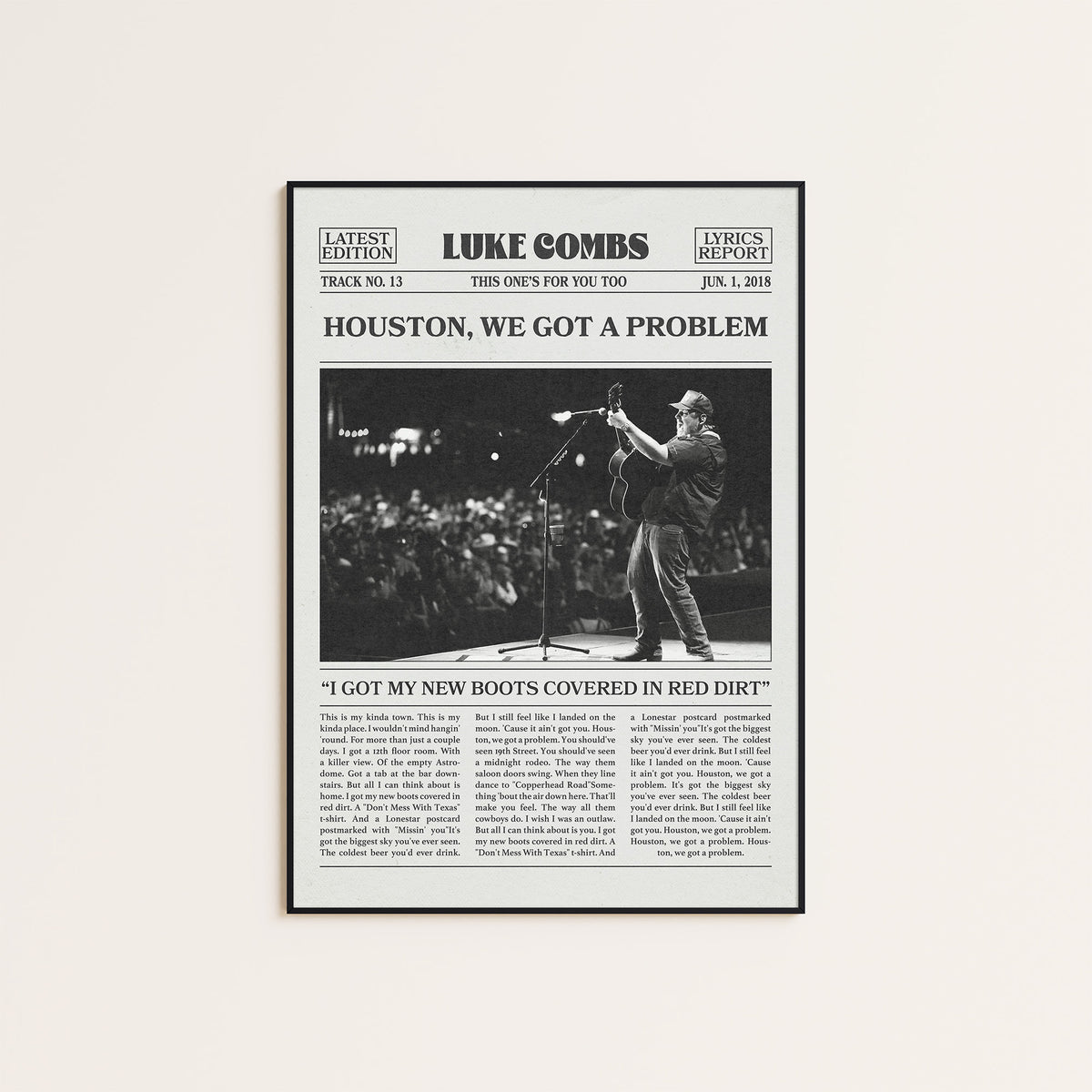 Luke Combs Houston, We Got a Problem newspaper poster — black frame display