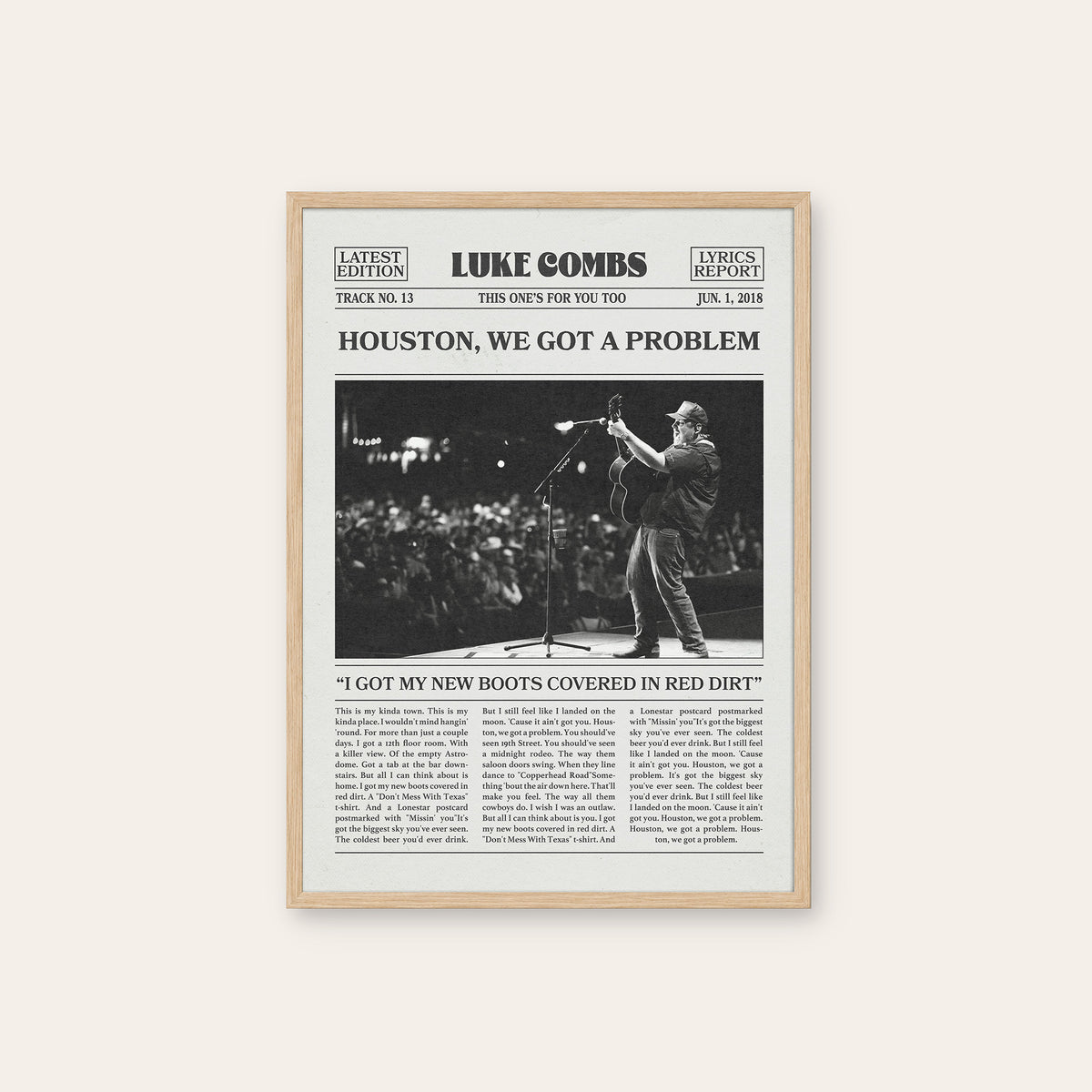 Luke Combs Houston, We Got a Problem newspaper poster — natural wood frame