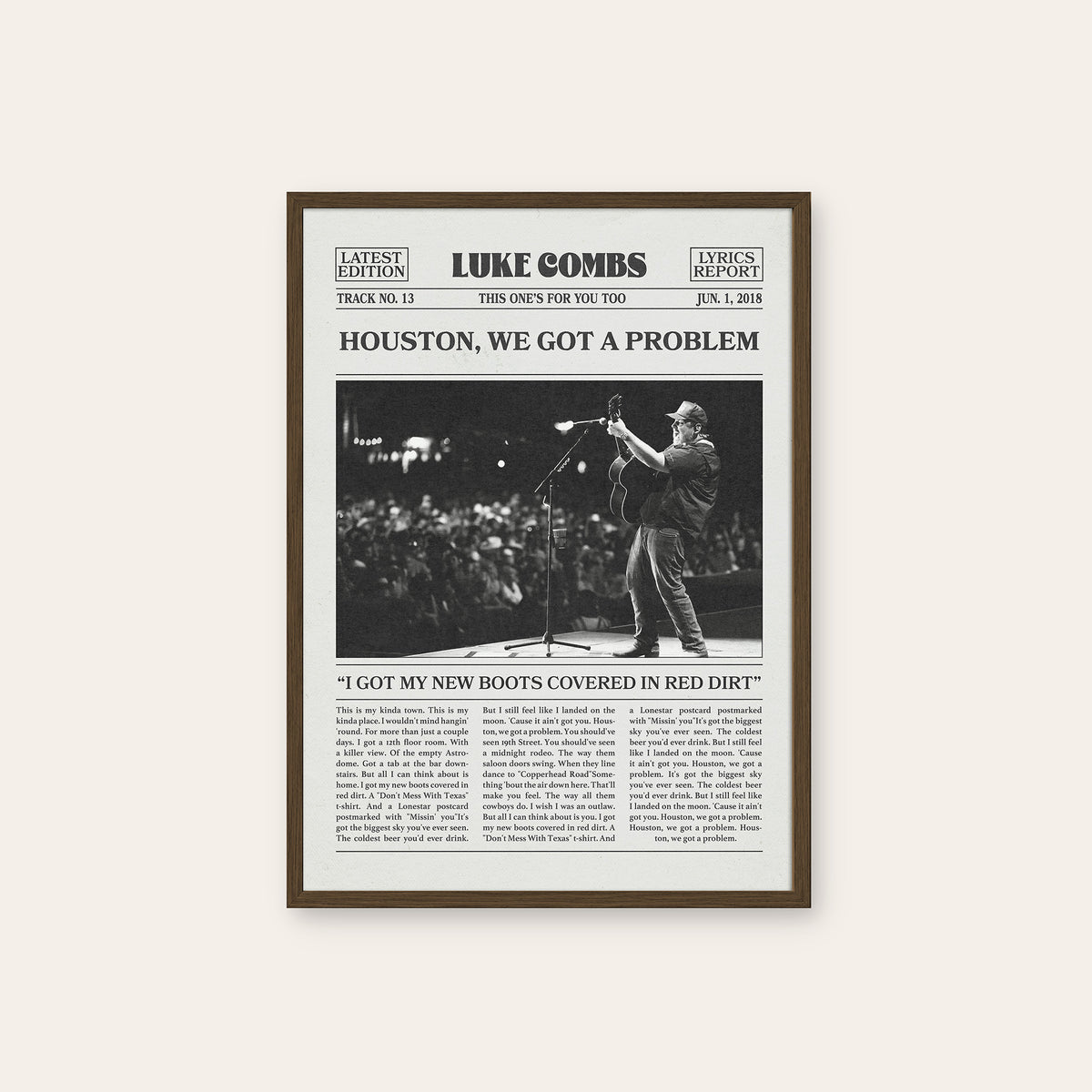 Luke Combs Houston, We Got a Problem newspaper poster — dark wood frame