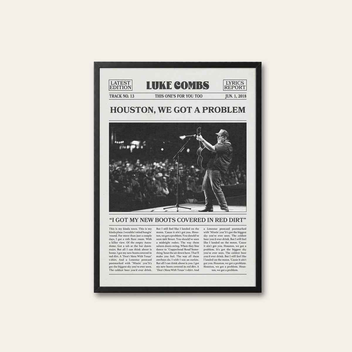 Luke Combs Houston, We Got a Problem newspaper poster — black frame