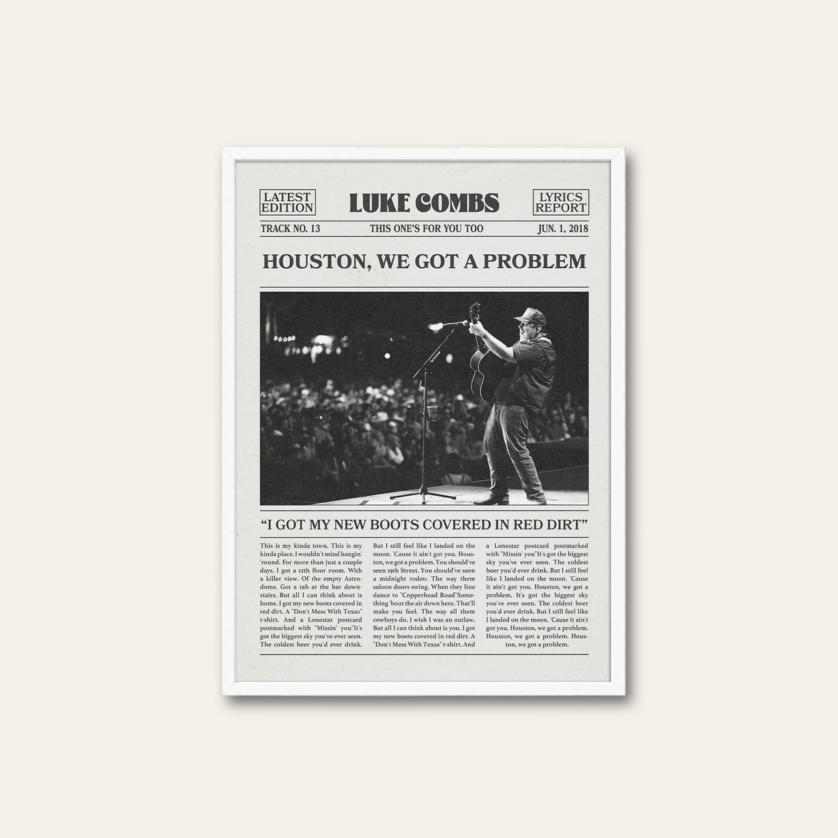 Luke Combs Houston, We Got a Problem newspaper poster — white frame