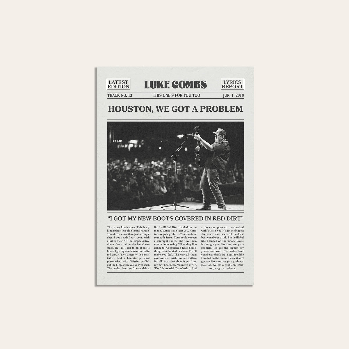 Luke Combs Houston, We Got a Problem newspaper poster — unframed print