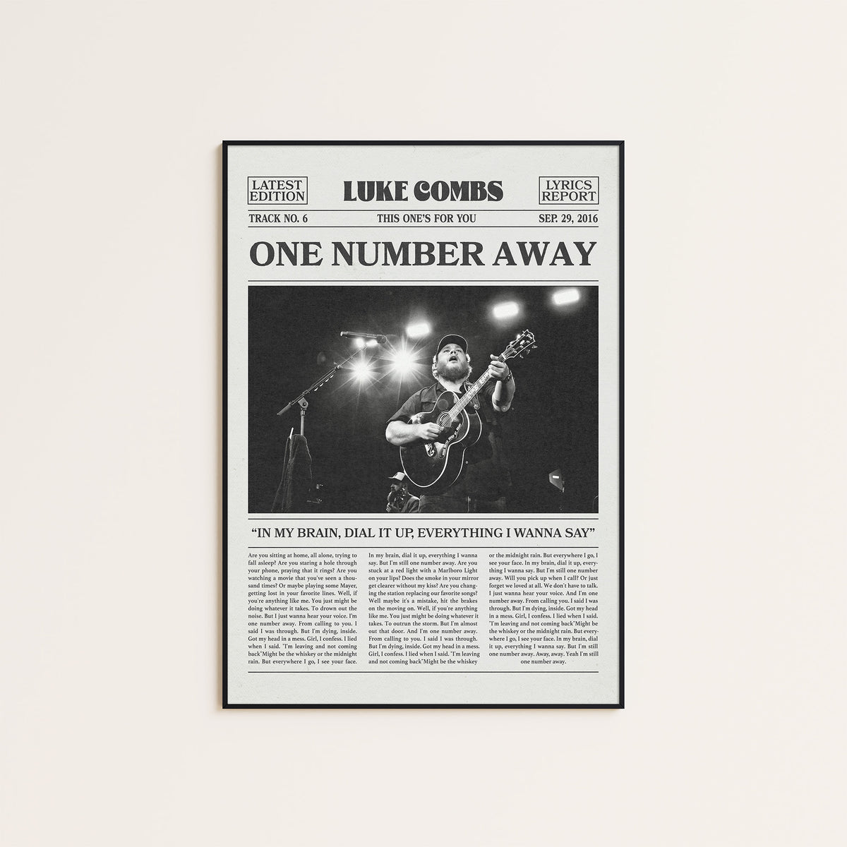 Luke Combs One Number Away newspaper poster — black frame display