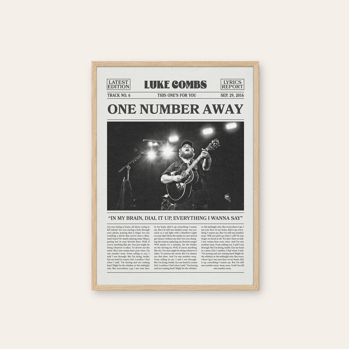 Luke Combs One Number Away newspaper poster — natural wood frame