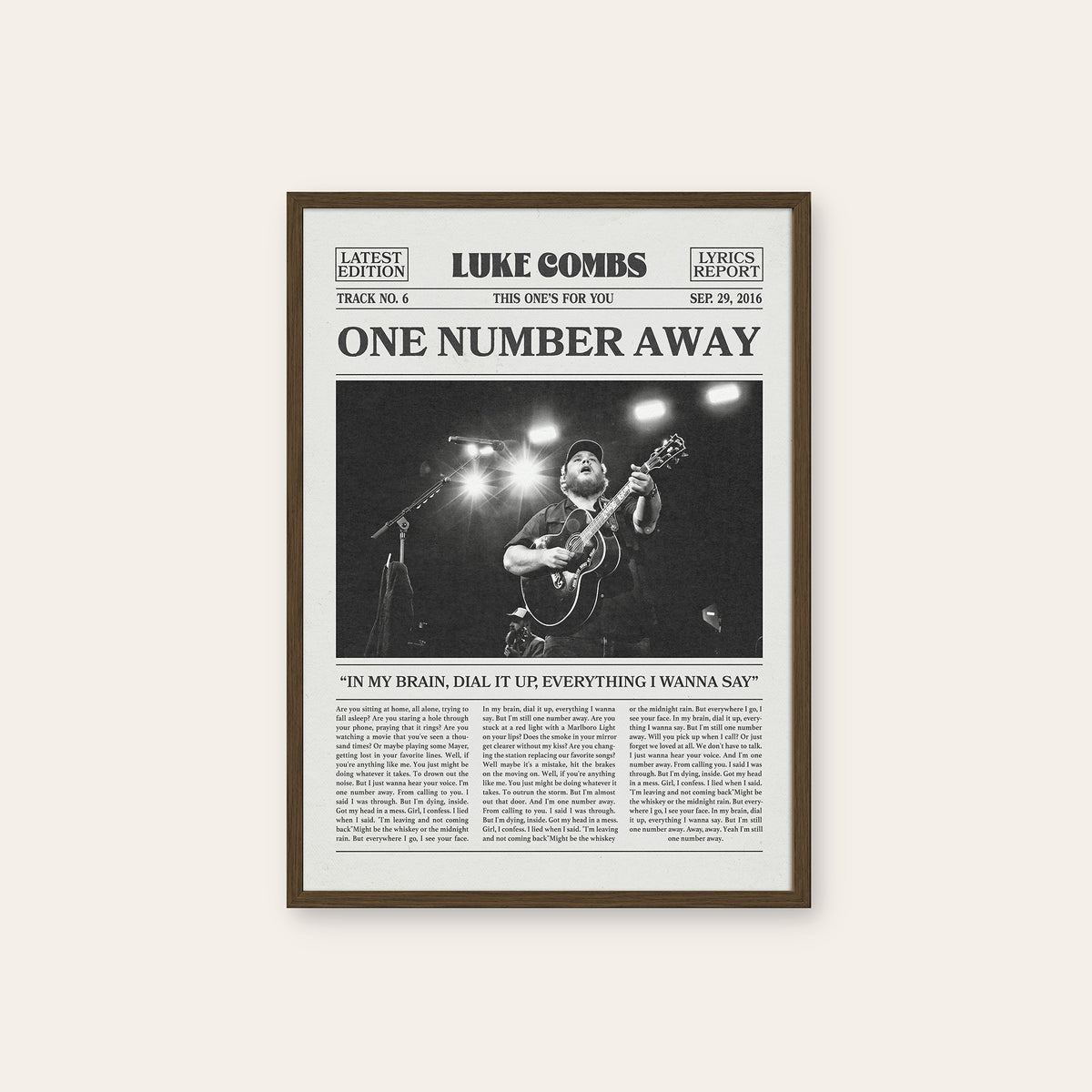 Luke Combs One Number Away newspaper poster — dark wood frame
