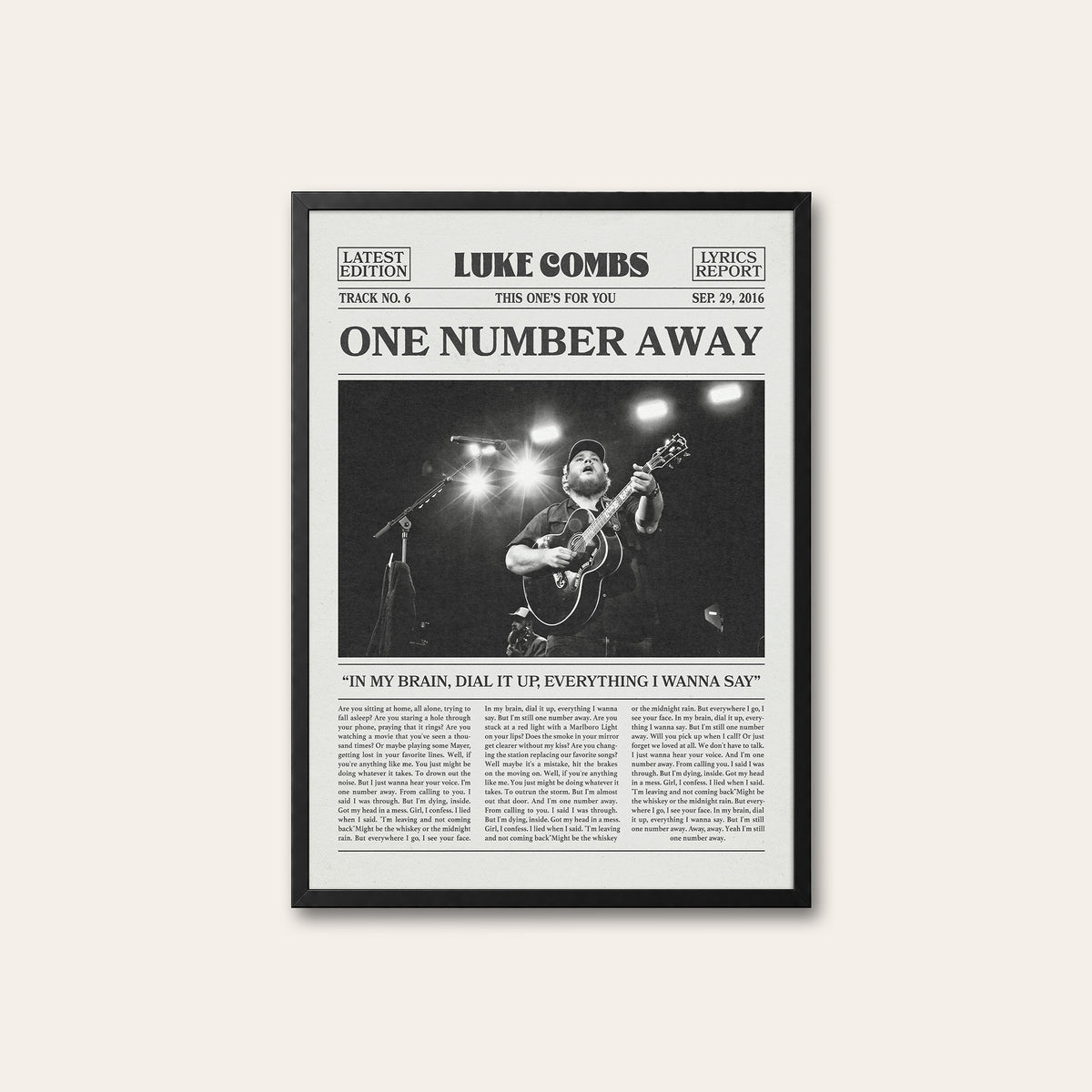 Luke Combs One Number Away newspaper poster — black frame