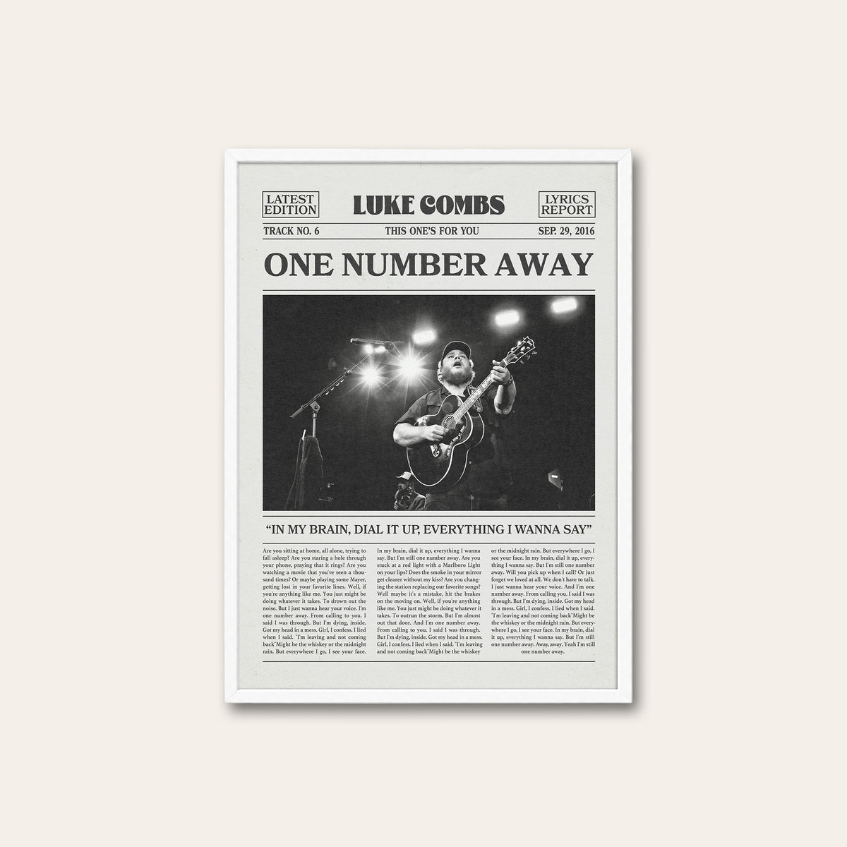 Luke Combs One Number Away newspaper poster — white frame