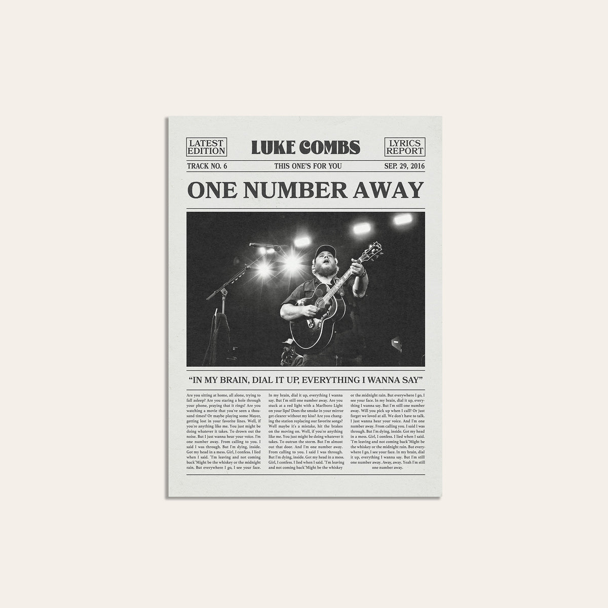 Luke Combs One Number Away newspaper poster — unframed print