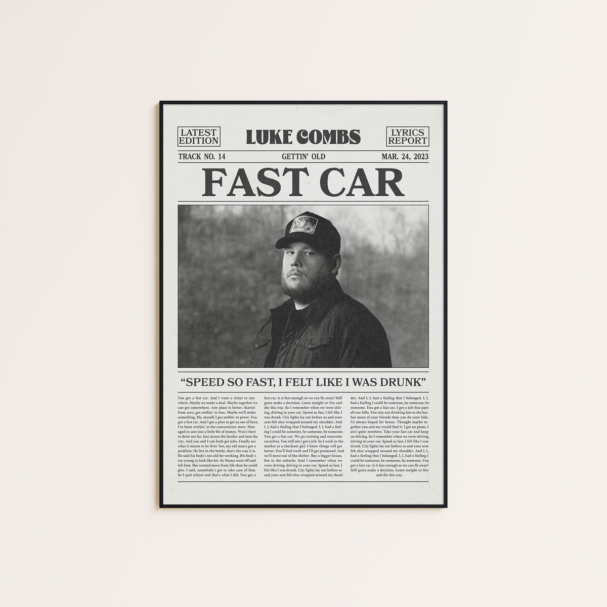 Luke Combs Fast Car newspaper poster — black frame display