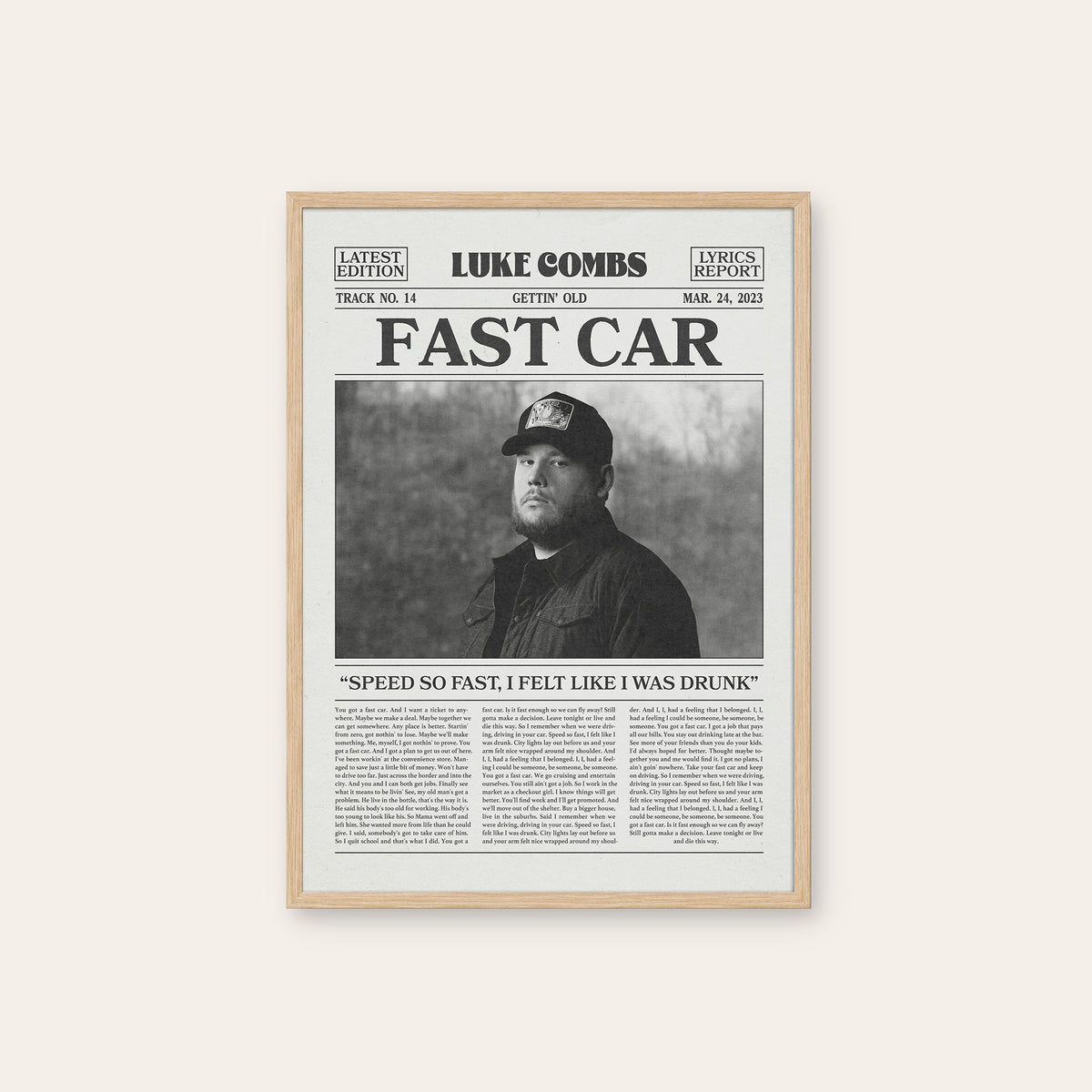Luke Combs Fast Car newspaper poster — natural wood frame