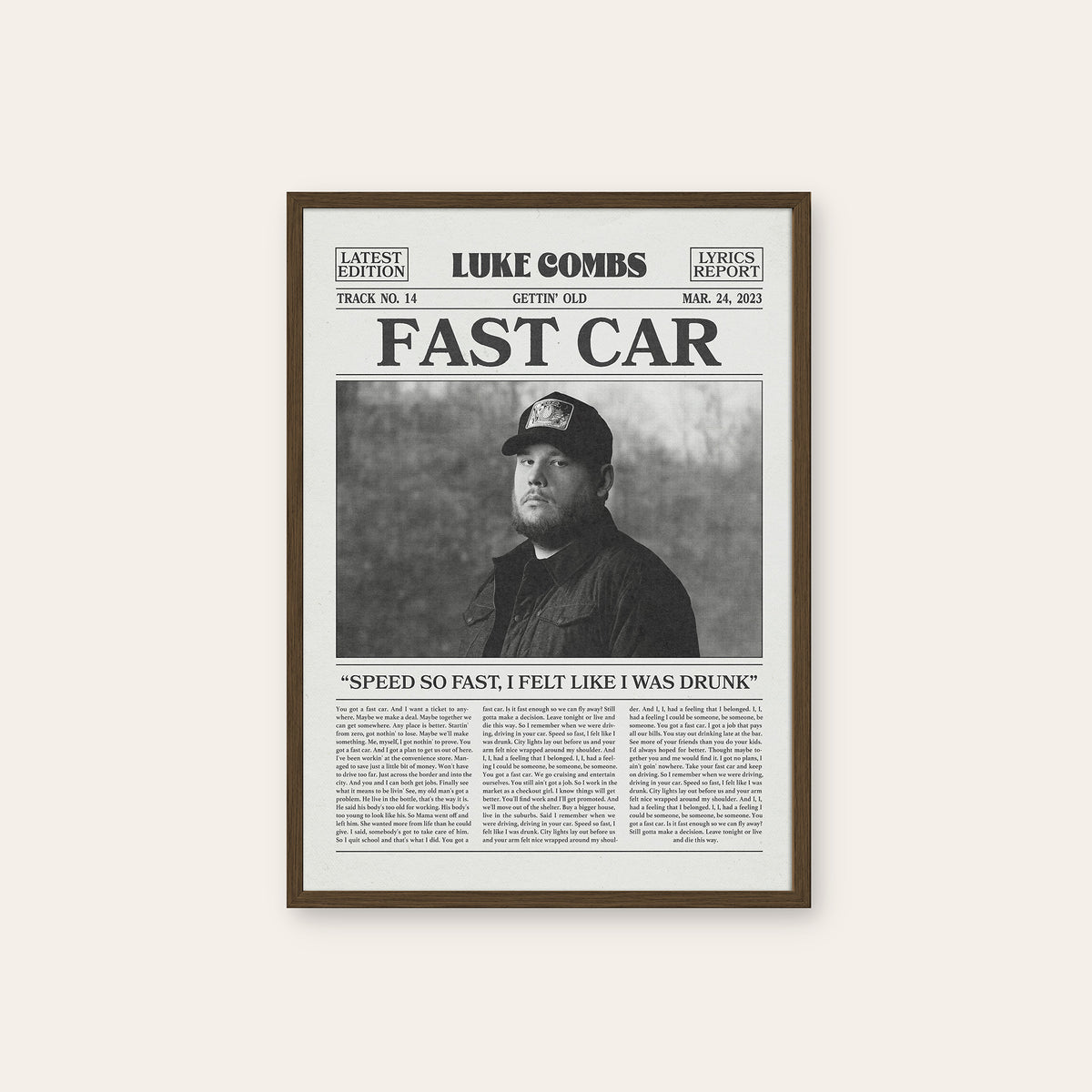 Luke Combs Fast Car newspaper poster — dark wood frame