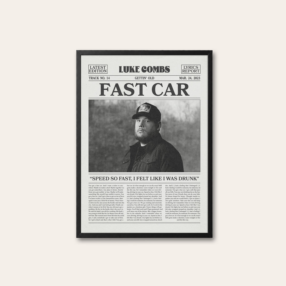 Luke Combs Fast Car newspaper poster — black frame
