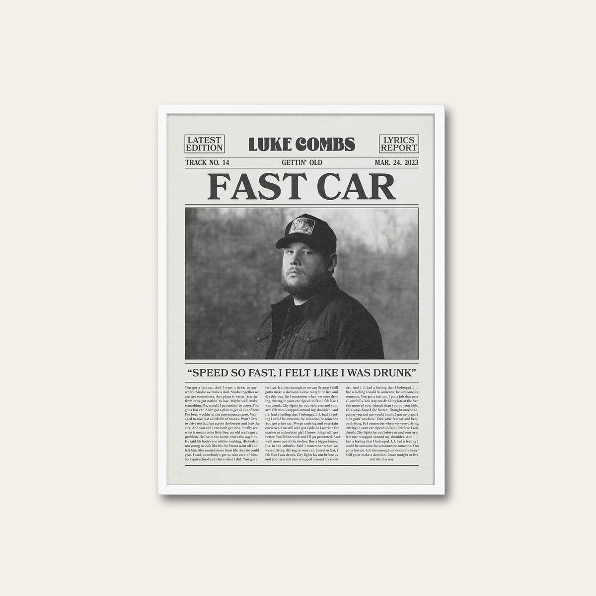 Luke Combs Fast Car newspaper poster — white frame