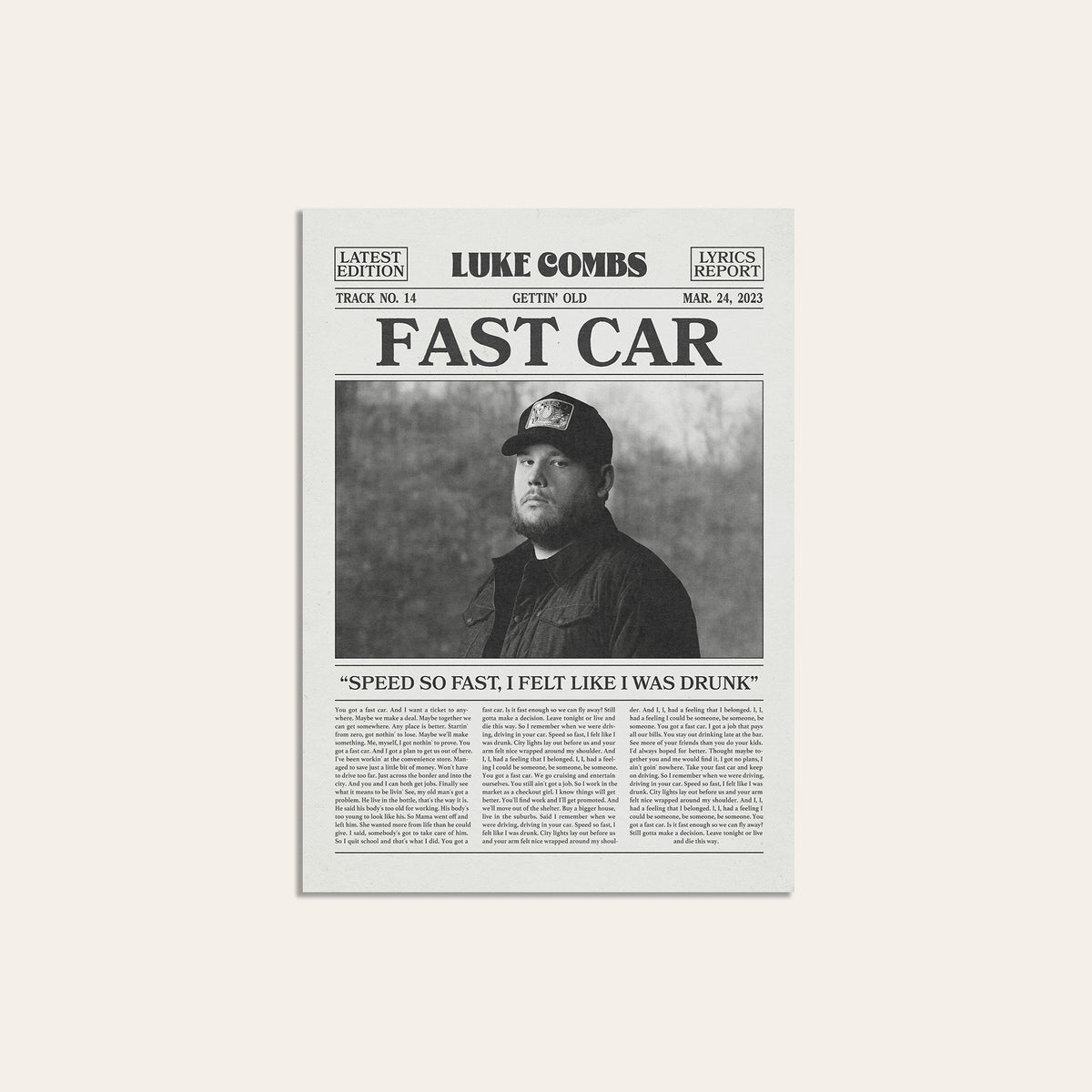 Luke Combs Fast Car newspaper poster — unframed print