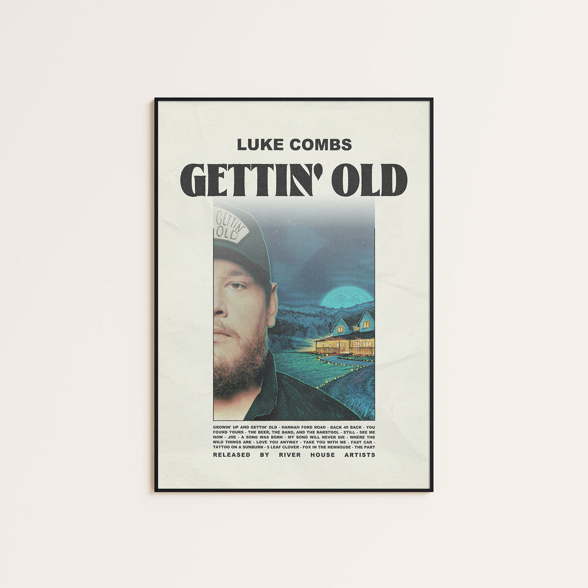 Luke Combs Gettin' Old newspaper poster — black frame display