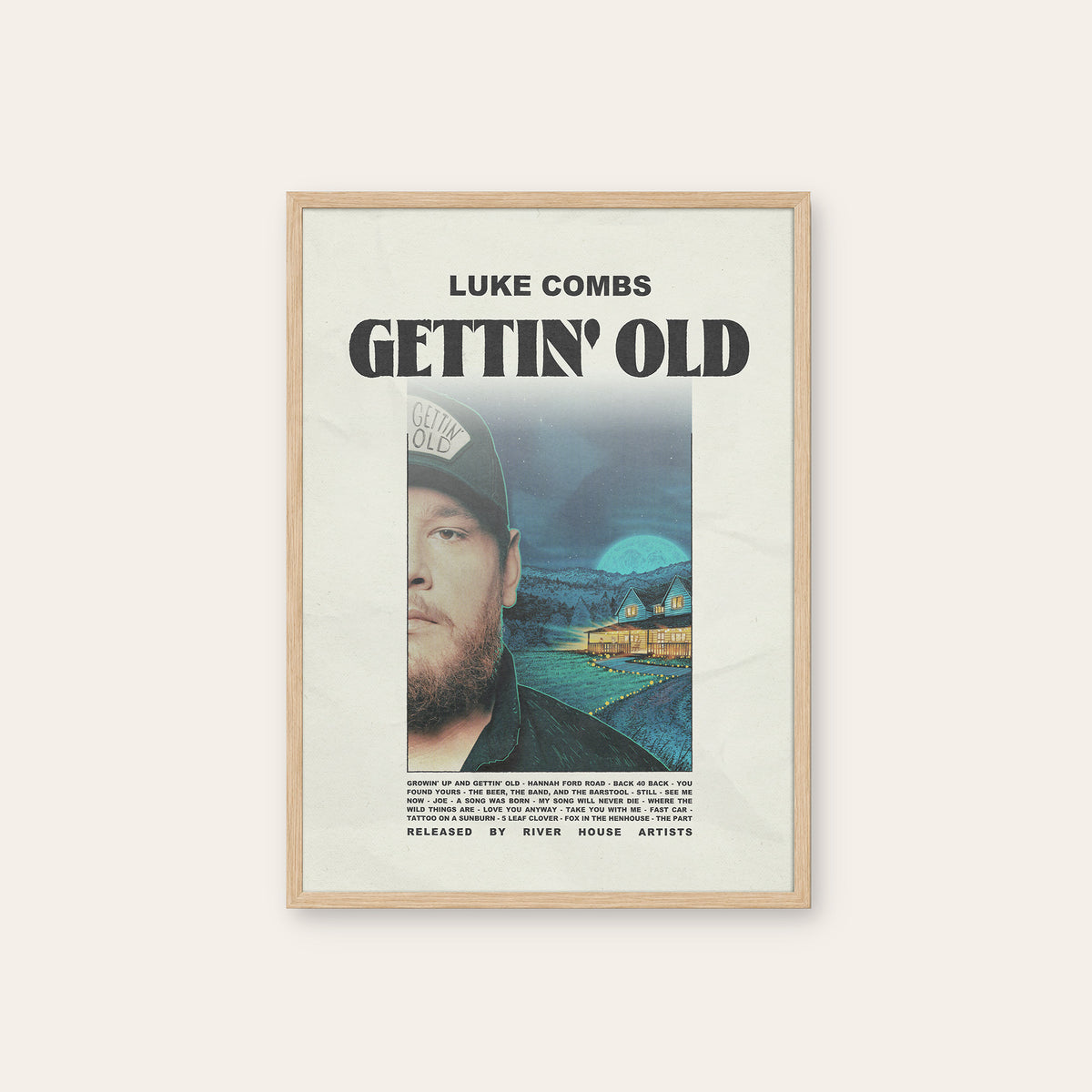 Luke Combs Gettin' Old newspaper poster — natural wood frame