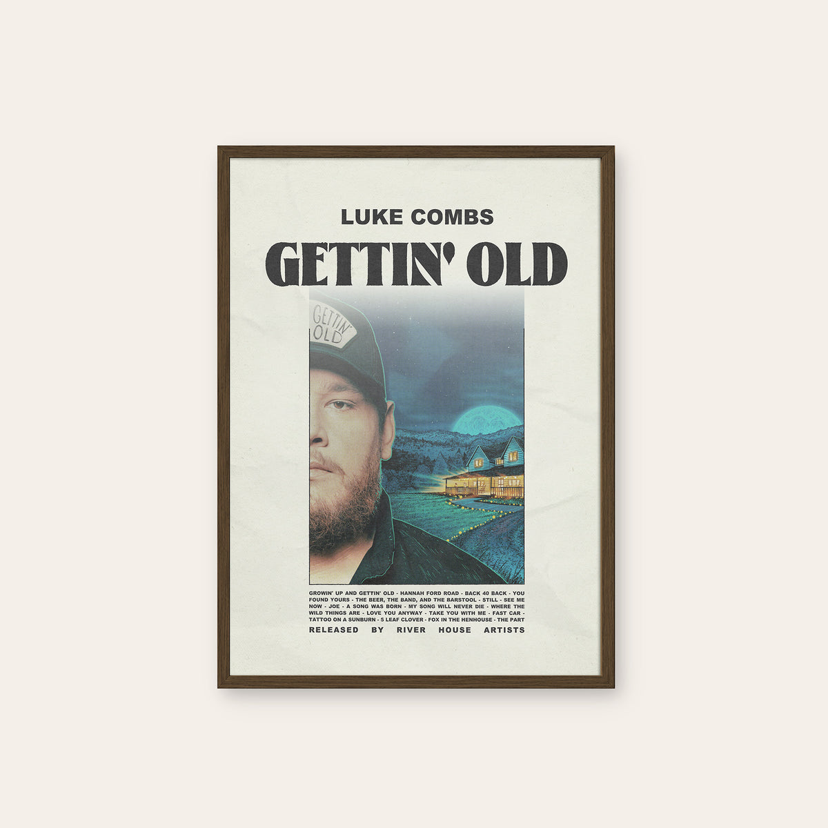 Luke Combs Gettin' Old newspaper poster — dark wood frame