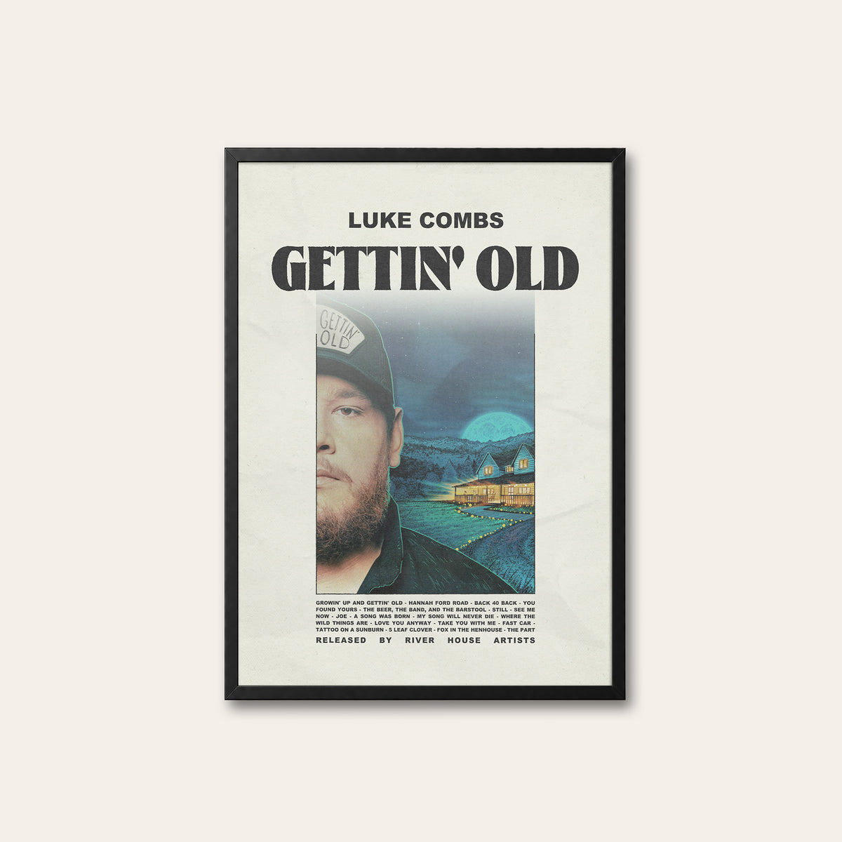 Luke Combs Gettin' Old newspaper poster — black frame