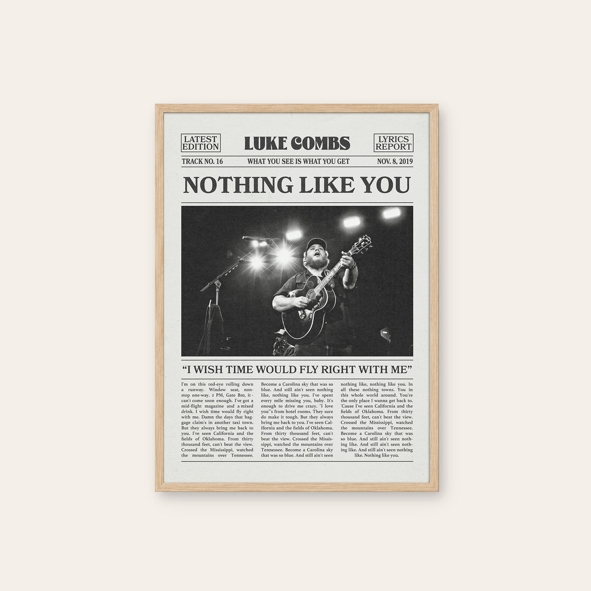 Luke Combs Nothing Like You newspaper poster — natural wood frame