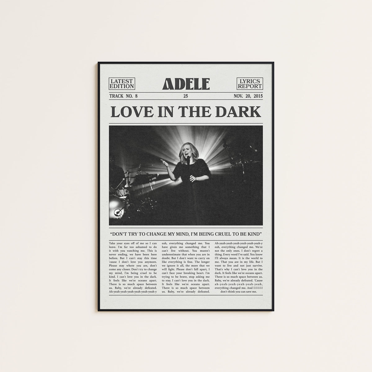 Adele Love in the Dark newspaper poster — black frame display