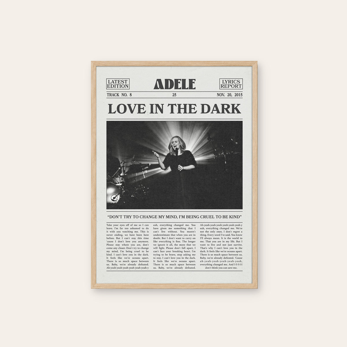 Adele Love in the Dark newspaper poster — natural wood frame