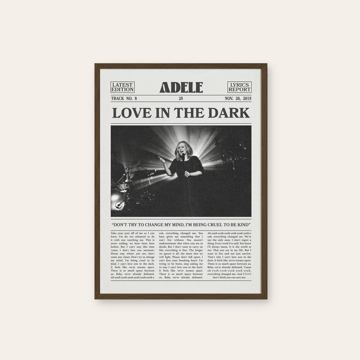 Adele Love in the Dark newspaper poster — dark wood frame