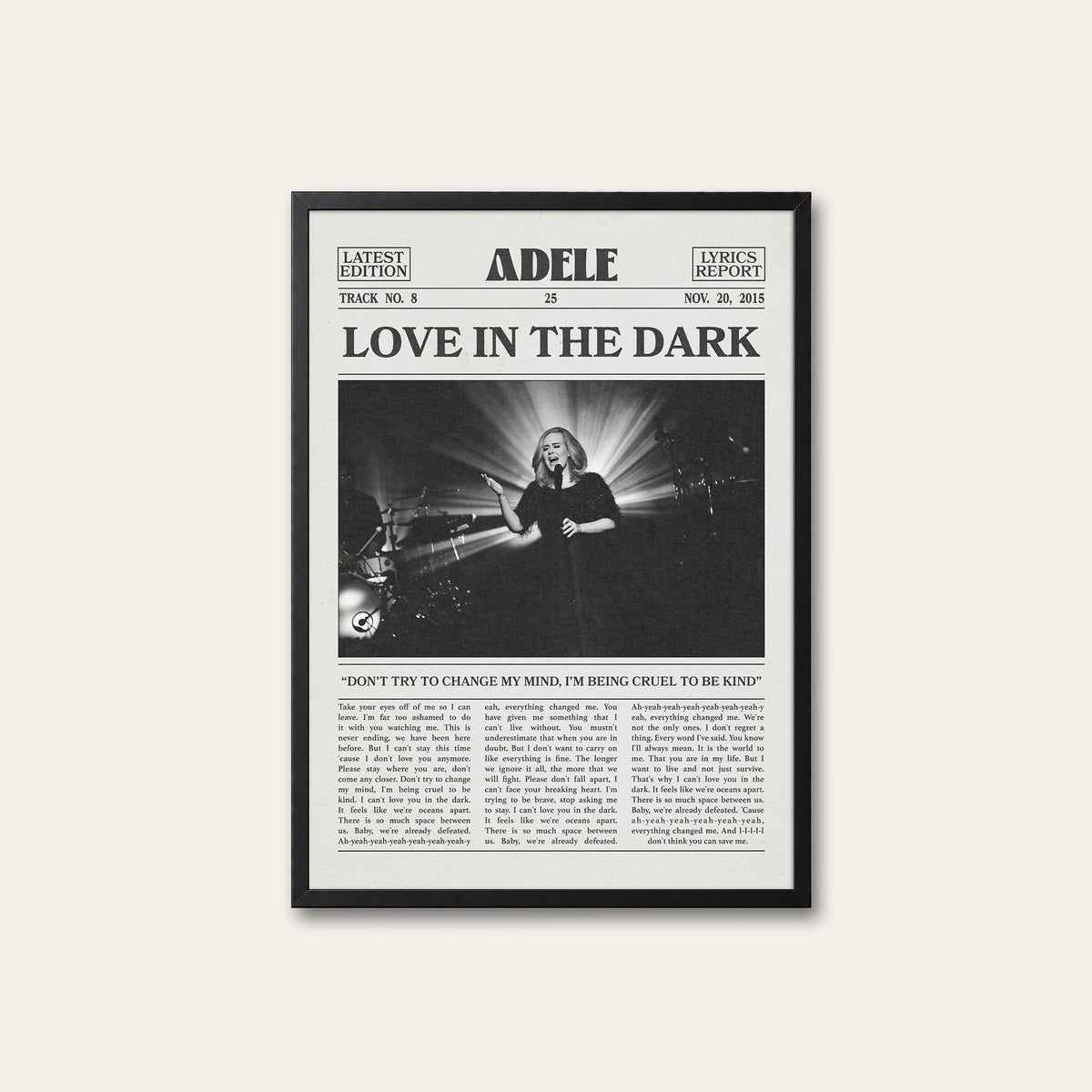 Adele Love in the Dark newspaper poster — black frame