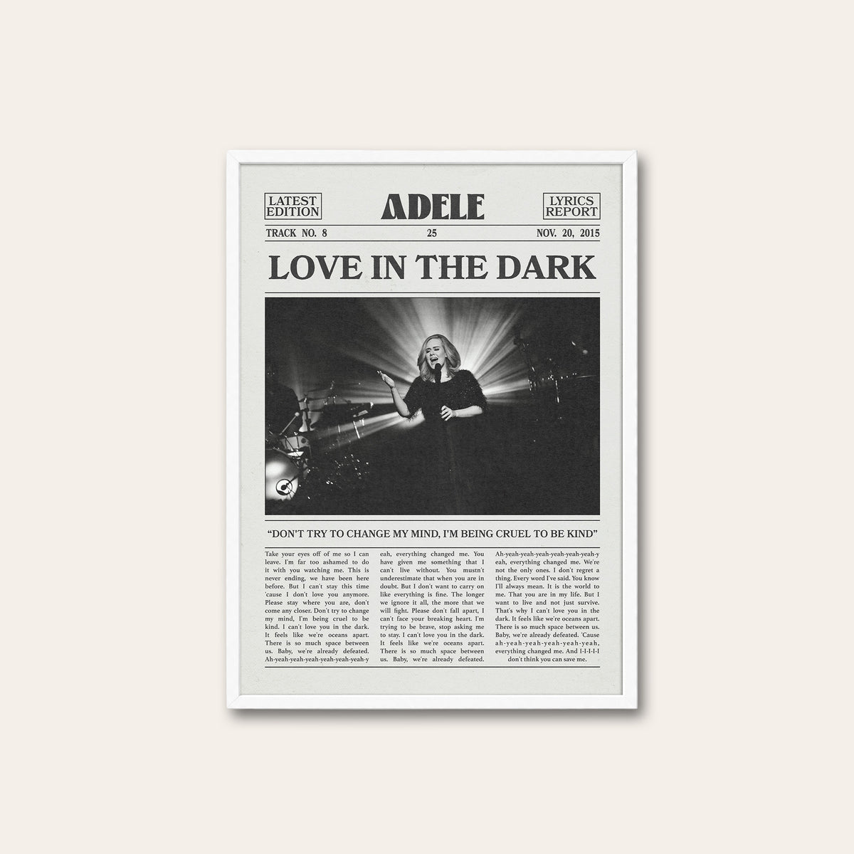 Adele Love in the Dark newspaper poster — white frame