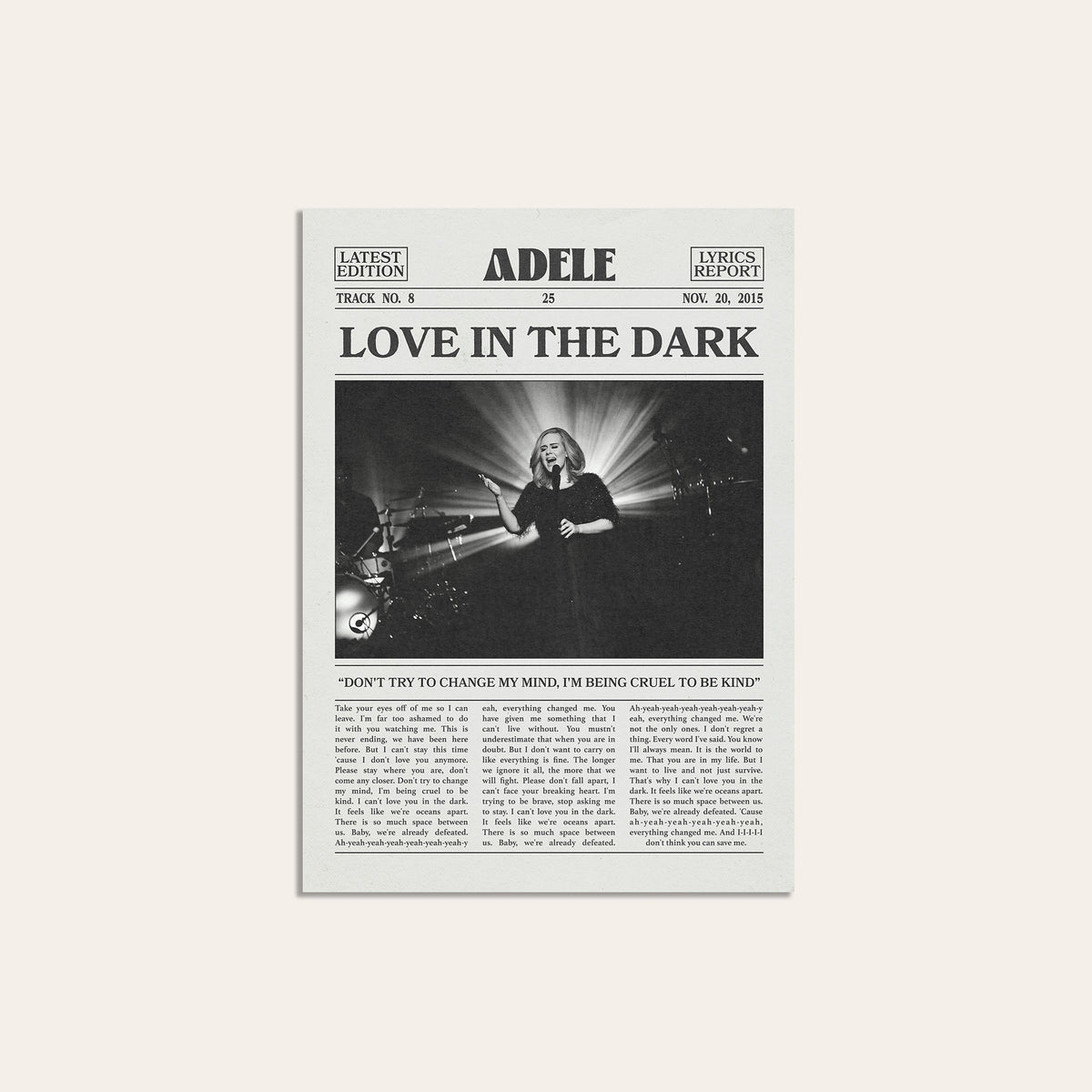 Adele Love in the Dark newspaper poster — unframed print