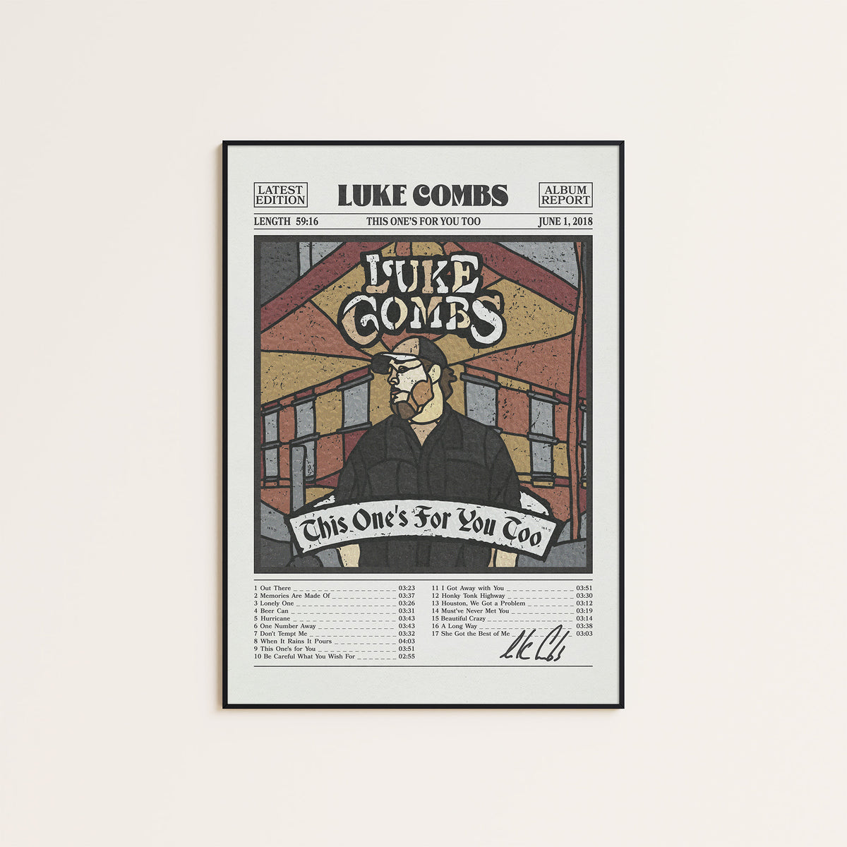 Luke Combs This One's for You Too newspaper poster, Color Tracklist — black frame display