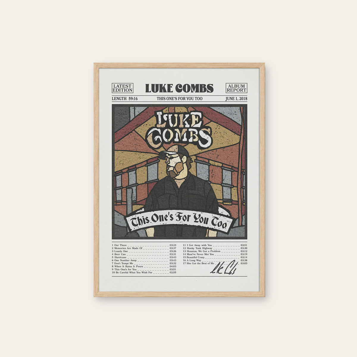 Luke Combs This One's for You Too newspaper poster, Color Tracklist — natural wood frame