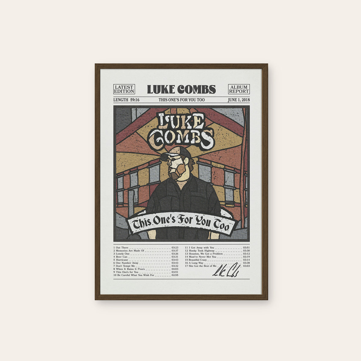 Luke Combs This One's for You Too newspaper poster, Color Tracklist — dark wood frame